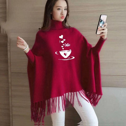 Luxurious Maroon Fleece Poncho Cape Shawl - Stylish Printed Women’s Outerwear