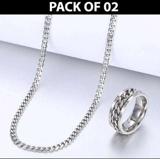 Plain Silver Chain With Ring, Pack Of 2