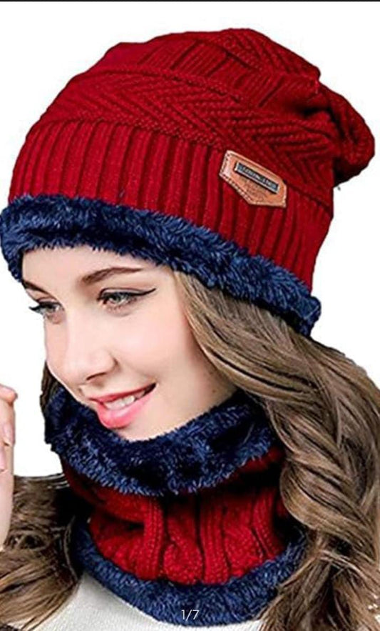 Cozy Wool Beanie And Neck Warmer Set - 2 Pcs in Red